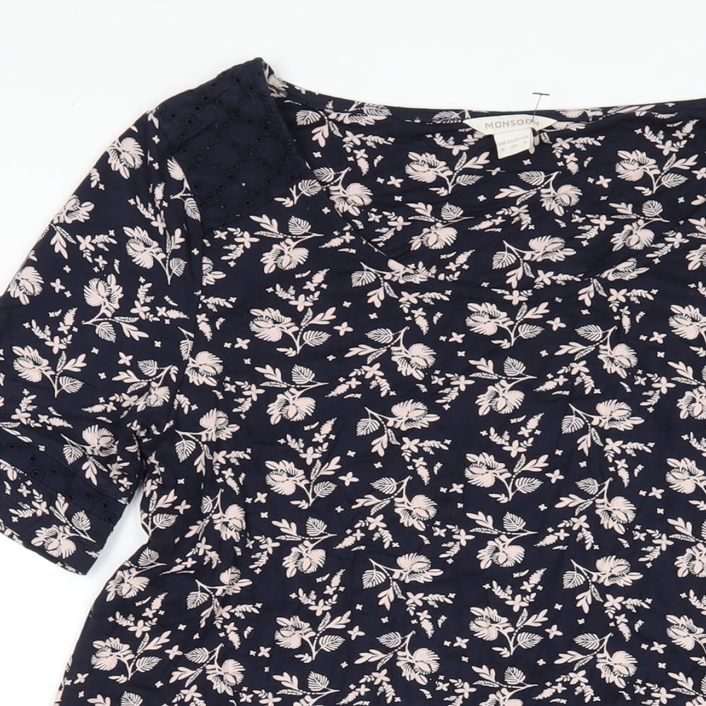 Monsoon Womens Blue Geometric Viscose A-Line Size 8 Round Neck Pullover