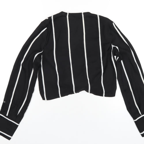 PRETTYLITTLETHING Womens Black Striped Polyester Basic T-Shirt Size 8 V-Neck