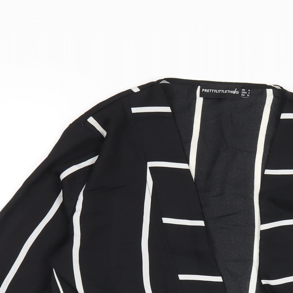 PRETTYLITTLETHING Womens Black Striped Polyester Basic T-Shirt Size 8 V-Neck