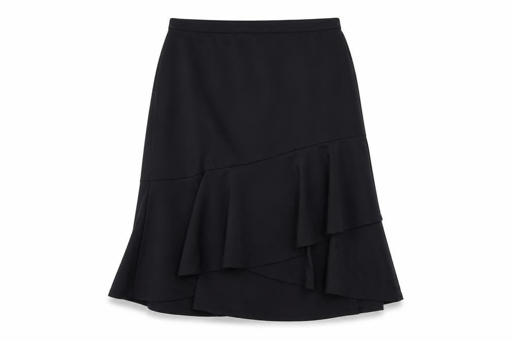 Front view of Anna Scholz women’s black polyester a-line skirt, size UK 28