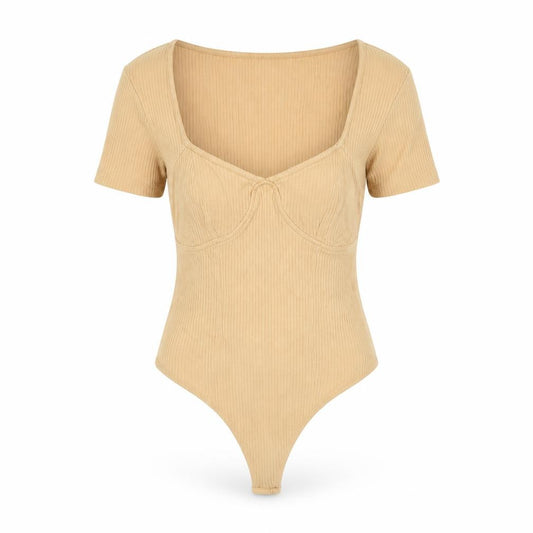 Front view of ASOS women’s beige cotton bodysuit one-piece, size UK 8, snap
