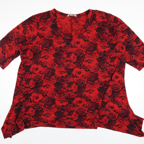 Joe Browns Womens Red Floral Polyester Basic T-Shirt Size 28 V-Neck