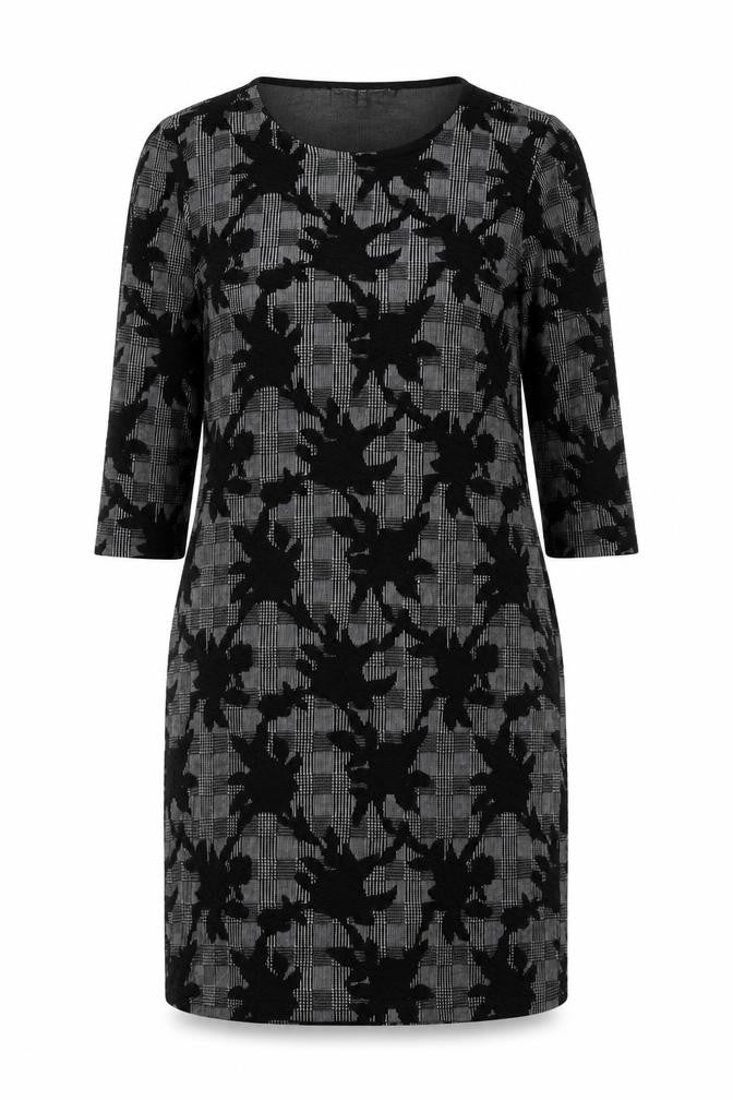 Front view of Jessica Graaf women’s black geometric polyester a-line, size M, round neck pullover