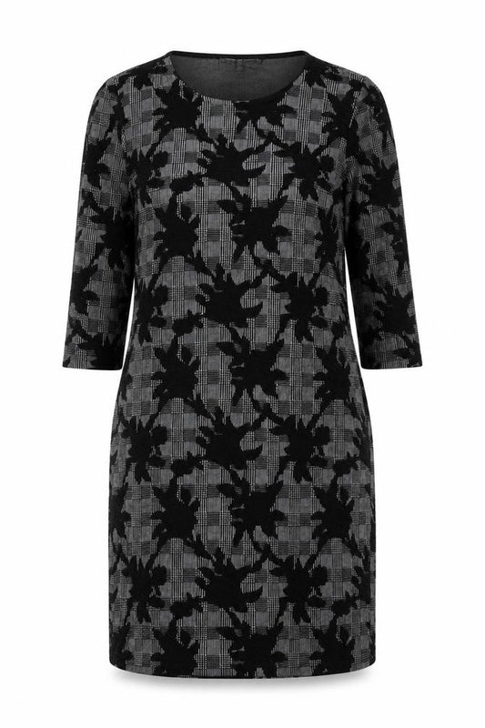 Front view of Jessica Graaf women’s black geometric polyester a-line, size M, round neck pullover