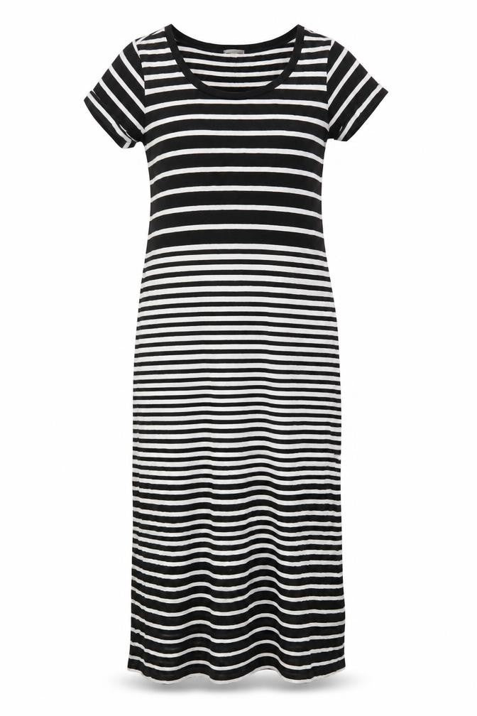 Front view of Gap women’s black striped cotton slip dress, size S, round neck pullover