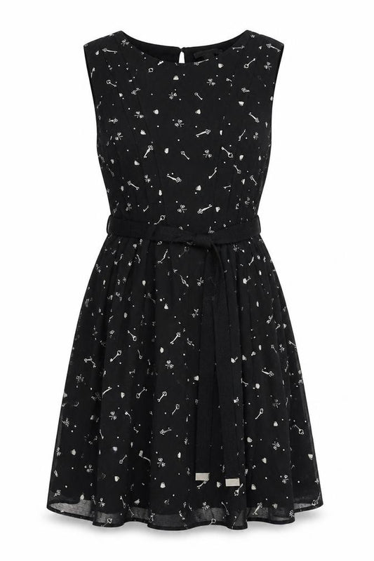 Front view of Mango women’s black geometric polyester a-line, size M, round neck button