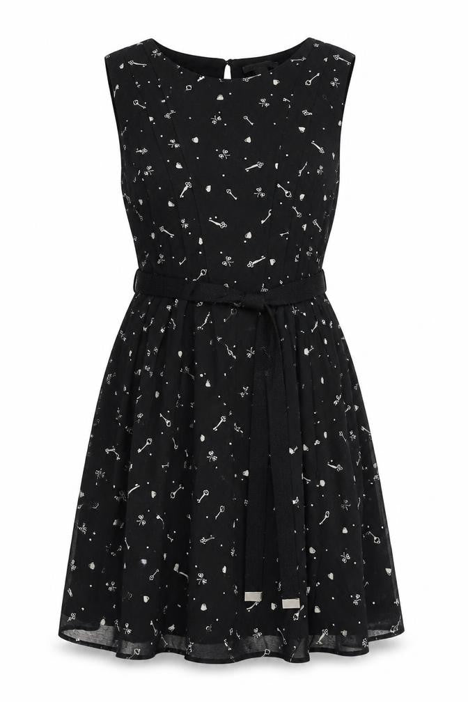 Mango Womens Black Geometric Polyester A-Line Size M Round Neck Button