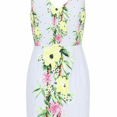 French Connection Womens Blue Floral Viscose Bodycon Size 12 V-Neck Zip