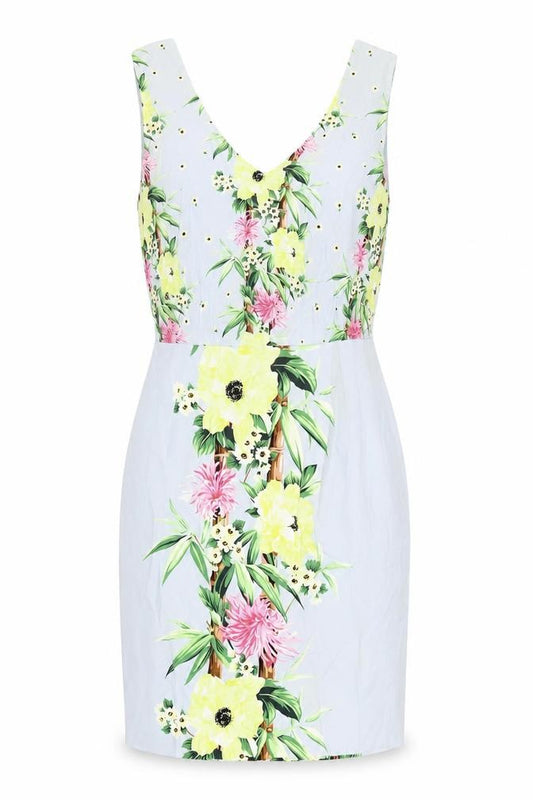 Front view of French Connection women’s blue floral viscose bodycon, size UK 12, v-neck zip
