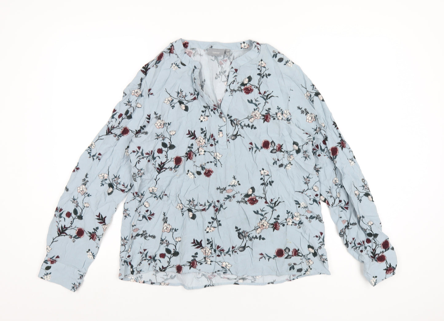 b.young Womens Blue Floral Viscose Basic T-Shirt Size 12 V-Neck