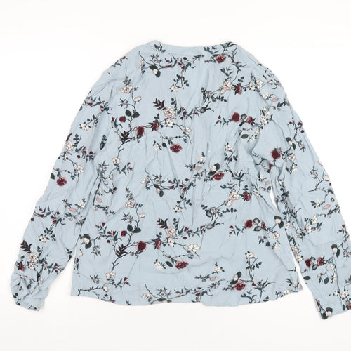 b.young Womens Blue Floral Viscose Basic T-Shirt Size 12 V-Neck