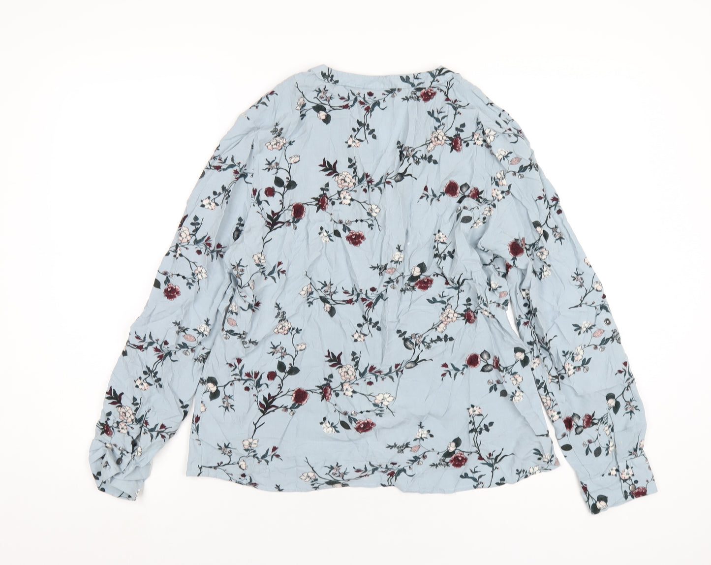 b.young Womens Blue Floral Viscose Basic T-Shirt Size 12 V-Neck