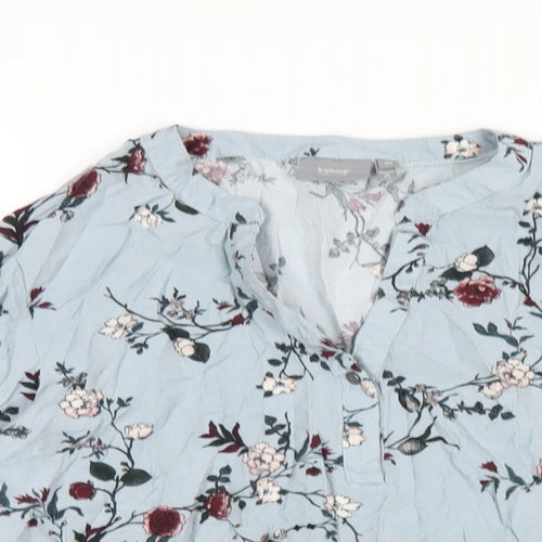 b.young Womens Blue Floral Viscose Basic T-Shirt Size 12 V-Neck