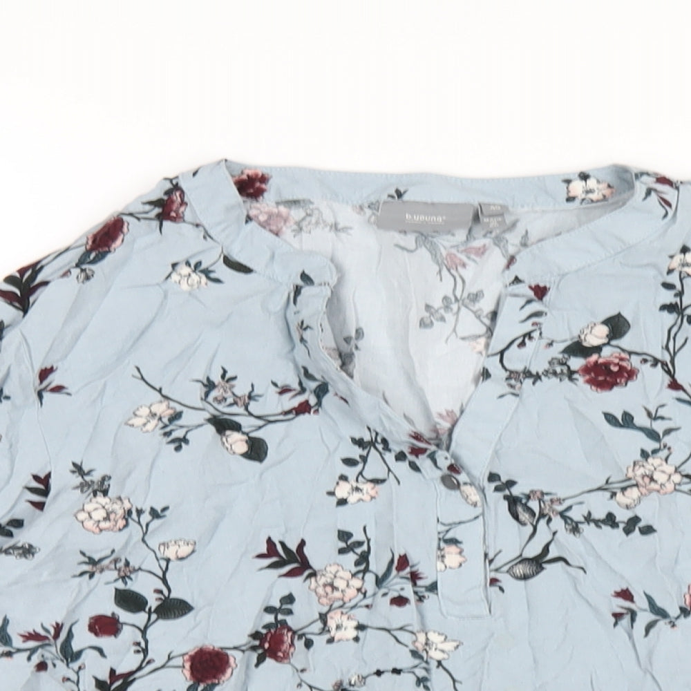 b.young Womens Blue Floral Viscose Basic T-Shirt Size 12 V-Neck