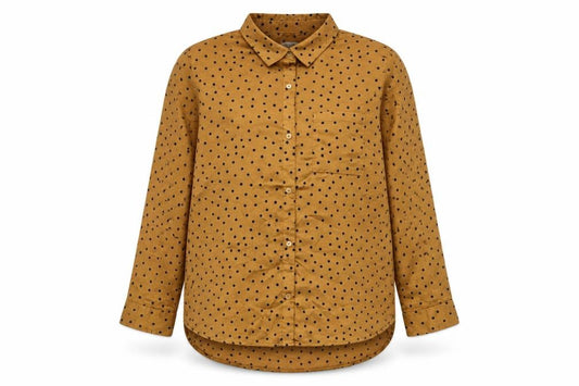 Front view of JACHS women’s brown polka dot polyester basic button-up, size XL, collared