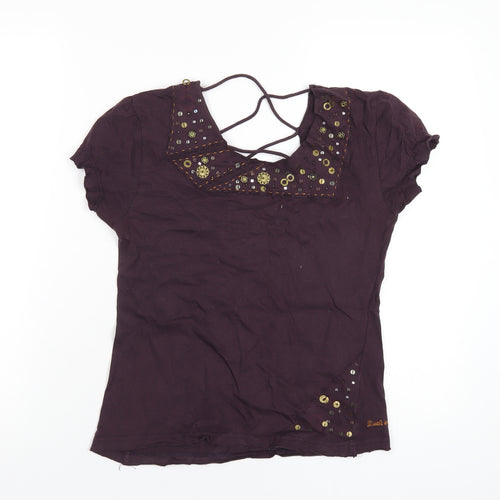 Duck and Cover Womens Purple Geometric Cotton Basic T-Shirt Size L Scoop Neck