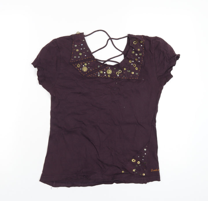 Duck and Cover Womens Purple Geometric Cotton Basic T-Shirt Size L Scoop Neck