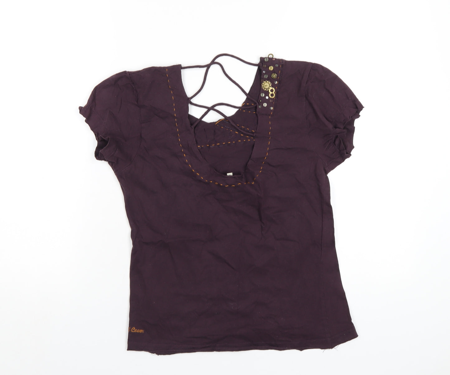 Duck and Cover Womens Purple Geometric Cotton Basic T-Shirt Size L Scoop Neck