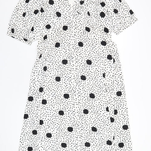 Boohoo Womens White Polka Dot Polyester A-Line Size 16 V-Neck Zip