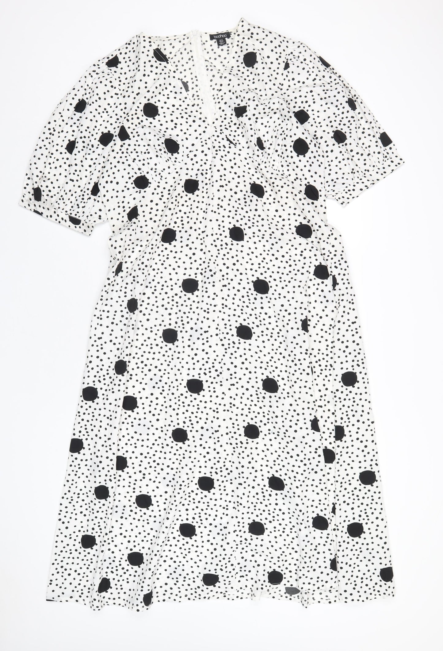 Boohoo Womens White Polka Dot Polyester A-Line Size 16 V-Neck Zip