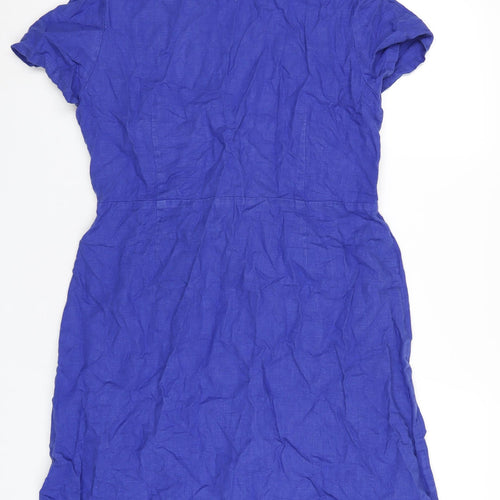 EAST Womens Blue Linen A-Line Size 14 V-Neck Button