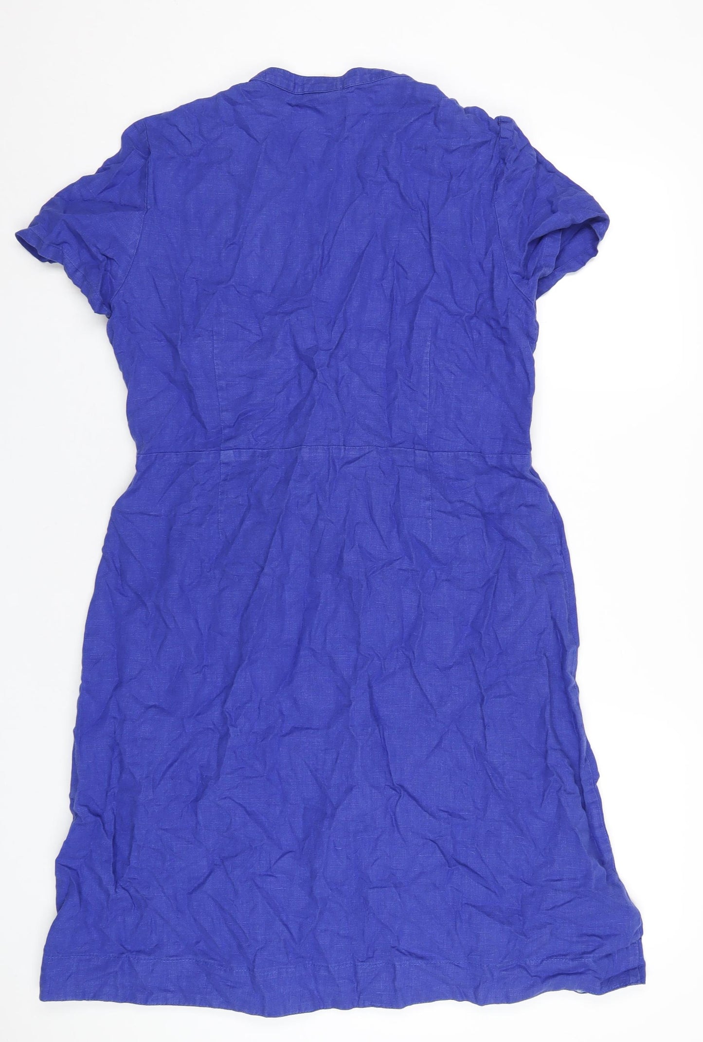 EAST Womens Blue Linen A-Line Size 14 V-Neck Button