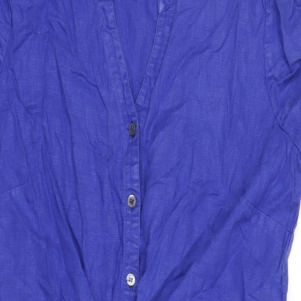 EAST Womens Blue Linen A-Line Size 14 V-Neck Button