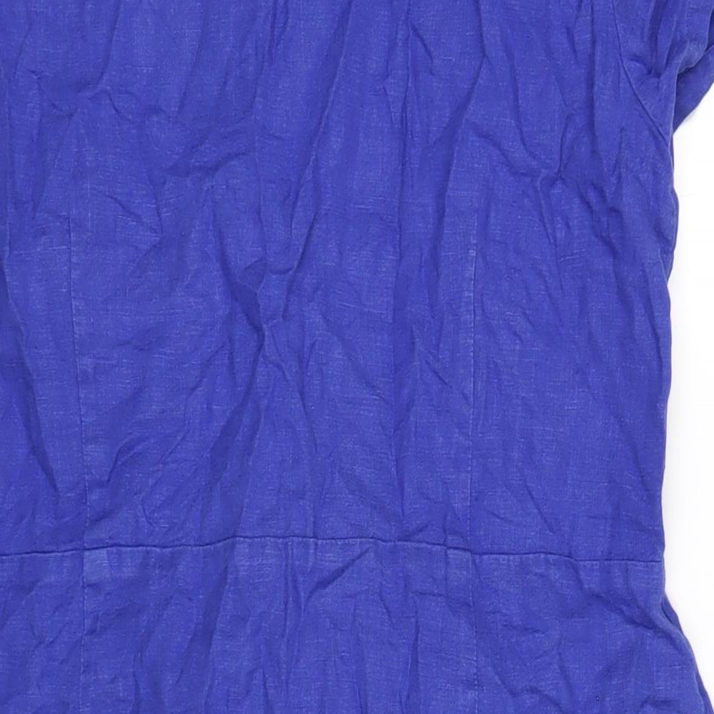 EAST Womens Blue Linen A-Line Size 14 V-Neck Button