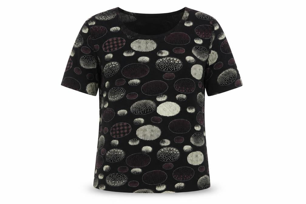Front view of Ness women’s black polka dot polyester basic t-shirt, size S, scoop neck