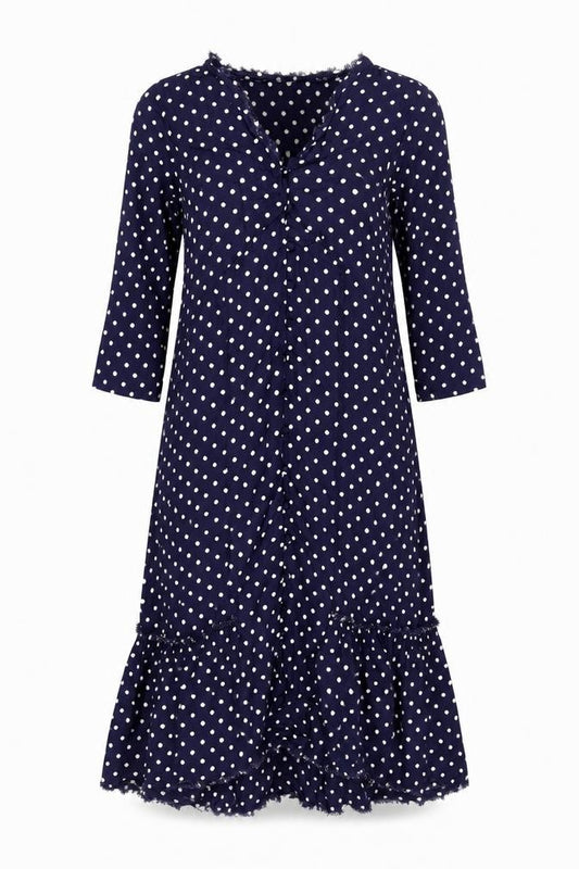 Front view of ASOS women’s blue polka dot viscose a-line, size UK 8, v-neck button