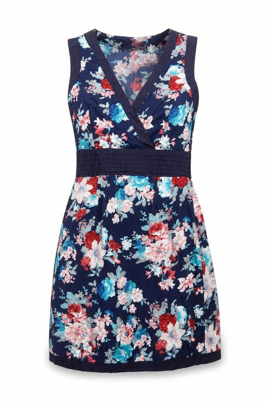 Front view of Almatrichi women’s blue floral polyester a-line, size UK 12, v-neck zip