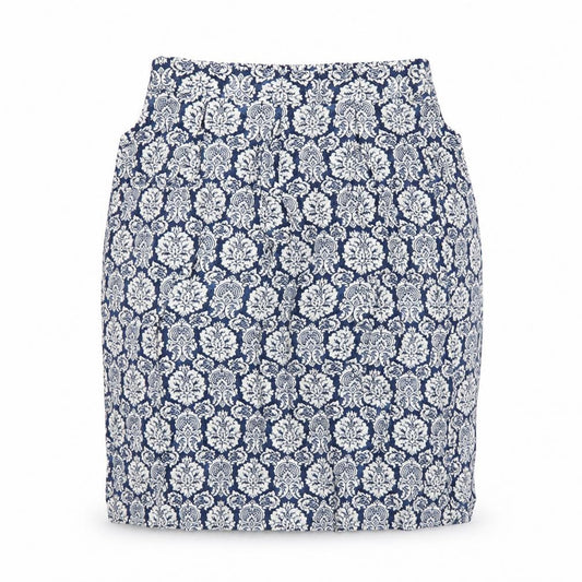 Front view of Dorothy Perkins women’s blue geometric viscose a-line skirt, size UK 12