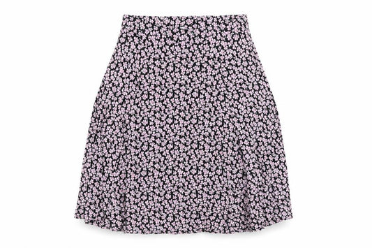Front view of Classics women’s pink floral viscose a-line skirt, size UK 32