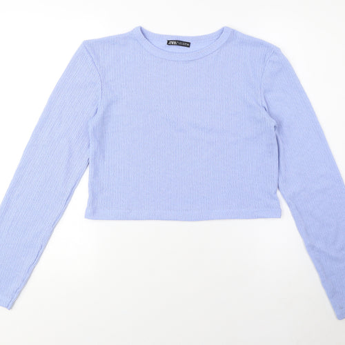 Zara Women's Blue Cropped T-Shirt, Size M, Long Sleeve