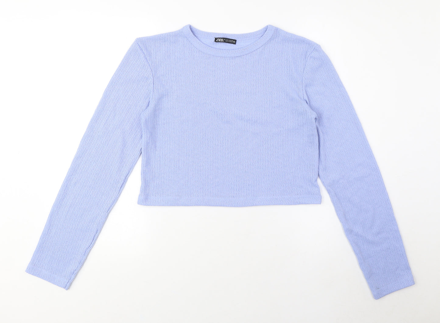 Zara Women's Blue Cropped T-Shirt, Size M, Long Sleeve