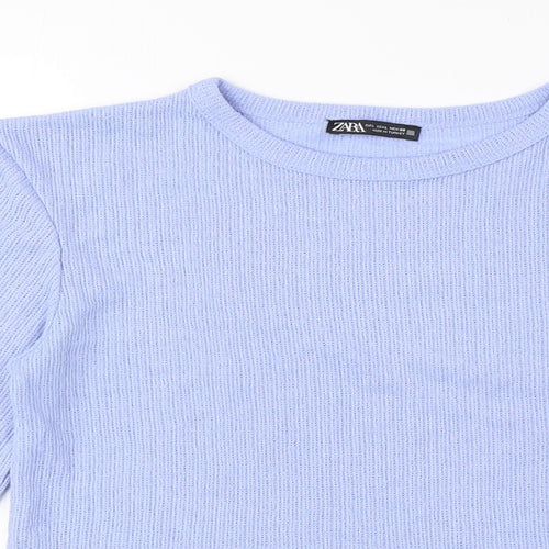 Zara Women's Blue Cropped T-Shirt, Size M, Long Sleeve