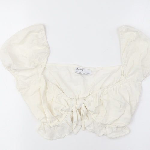 Bershka Women's Ivory Cropped Blouse, Size 8, Puff Sleeve