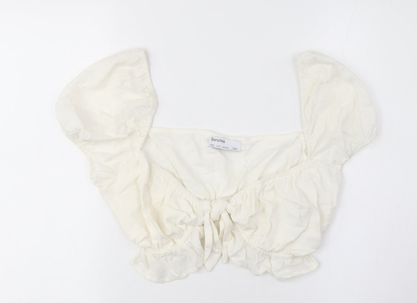 Bershka Women's Ivory Cropped Blouse, Size 8, Puff Sleeve