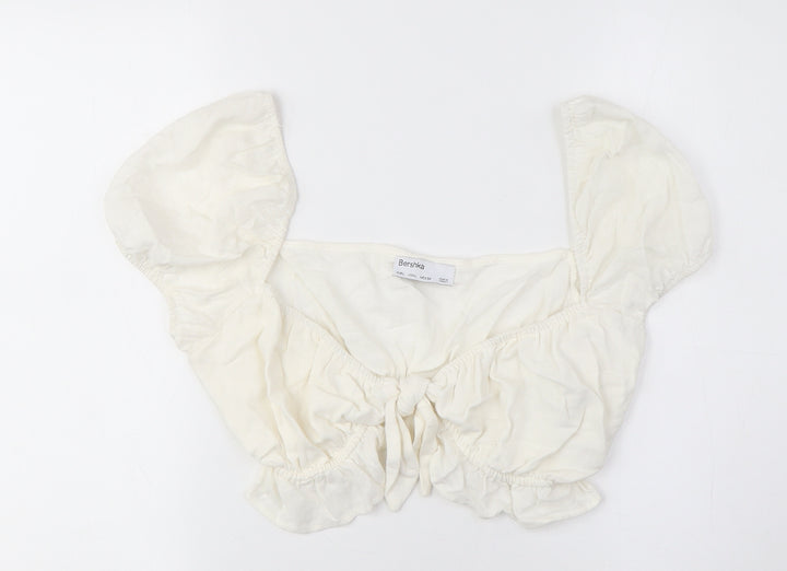 Bershka Women's Ivory Cropped Blouse, Size 8, Puff Sleeve