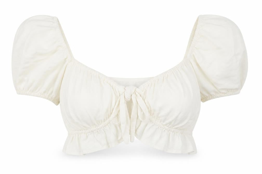 Front view of Bershka Women's Ivory Cropped Blouse, size 8, Puff Sleeve