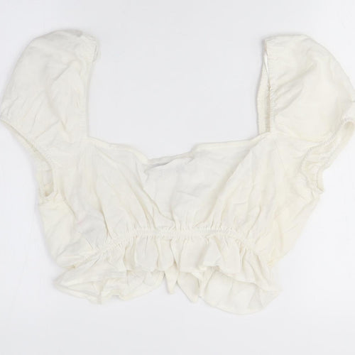 Bershka Women's Ivory Cropped Blouse, Size 8, Puff Sleeve