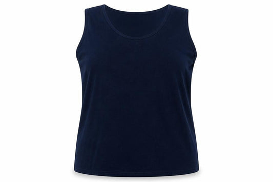 Front view of Anthology women’s blue polyester basic tank, size UK 24, round neck