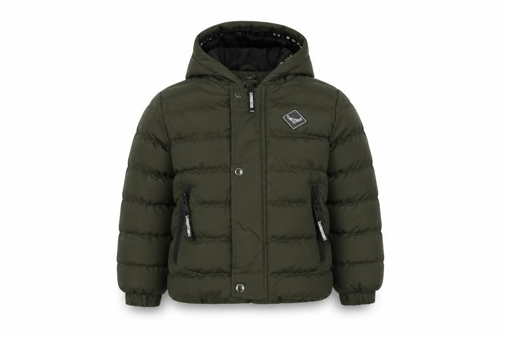 Front view of Threadboys boys’ green puffer jacket jacket, size 5-6, years zip