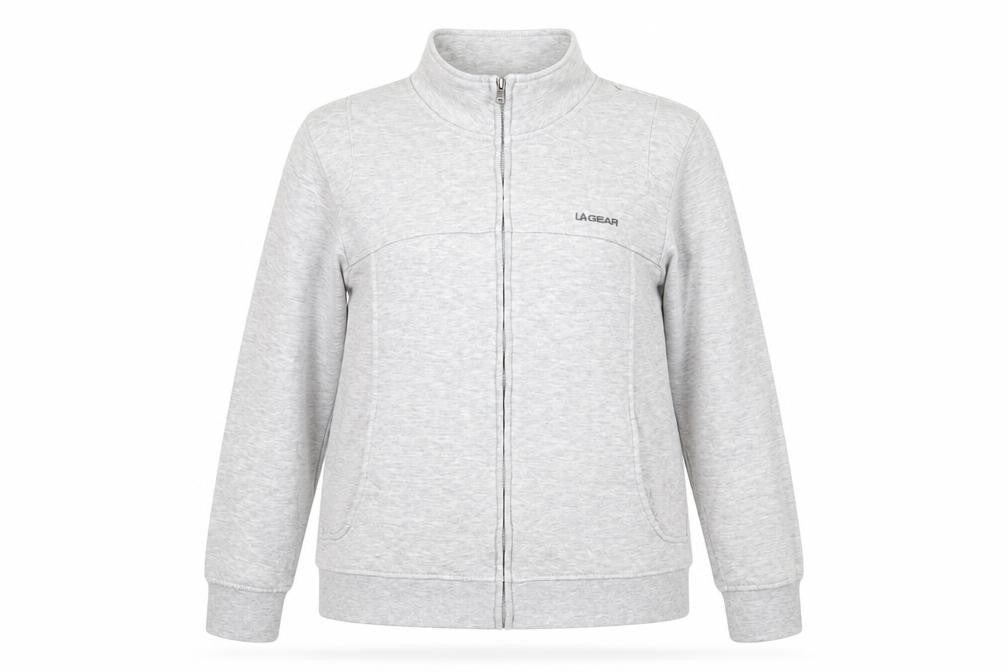 Front view of LA Gear women’s grey polyester full zip sweatshirt, size UK 14, zip