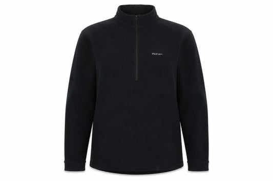 Front view of Rohan women’s black polyester pullover sweatshirt, size L, zip