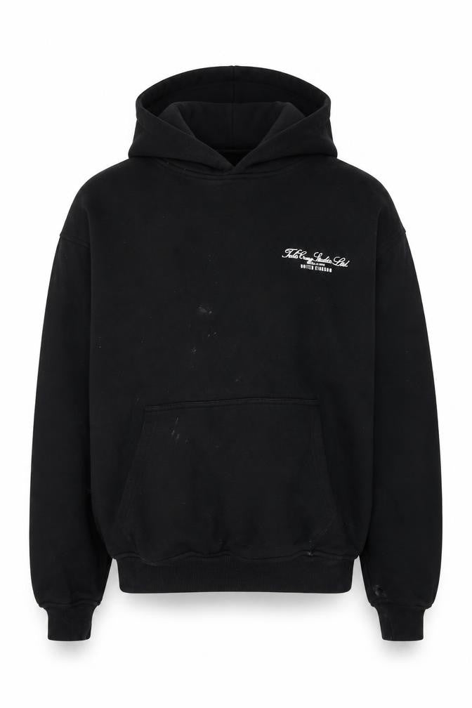 Front view of Tela Cruz men’s black cotton pullover hoodie, size L