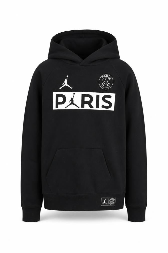 Front view of Joradan boys’ black cotton pullover hoodie, size 13-14, years pullover - paris saint germain fc