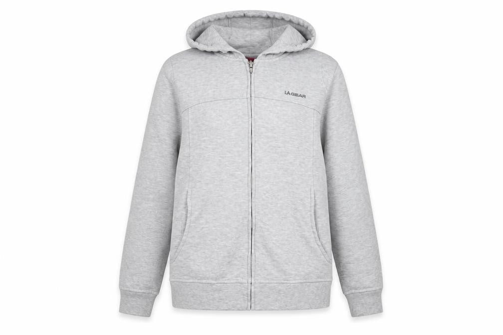 Front view of LA Gear women’s grey polyester full zip hoodie, size UK 16, zip