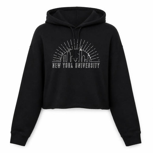 Front view of USCAPE APPAREL women’s black cotton pullover hoodie, size M, pullover - new york university