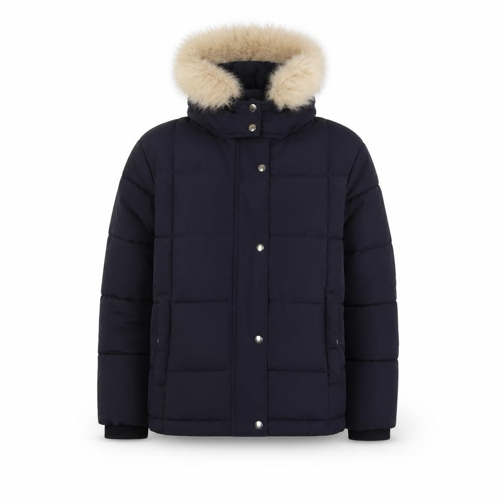 Front view of Golddigga women’s blue quilted coat, size UK 12, zip